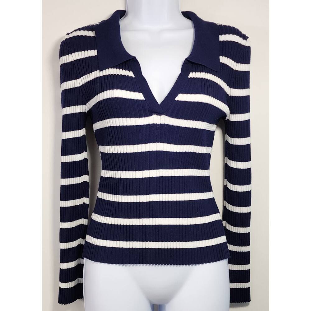 Milk & Honey Knitwear Navy White Striped Ribbed Collared Top L